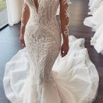 White Mermaid Wedding Dresses Online with V-Neck and Lace Long Sleeves