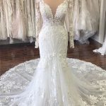 White Long Train Wedding Dress with V-Neck Long Sleeves