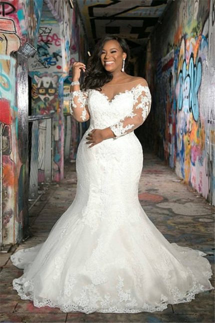 Plus Size Mermaid Bridal Gowns for Wedding with V-Neck Long Sleeves