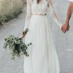 Two Piece A-Line Jewel Neck Lace Chiffon Wedding Dresses with Sleeves Long Sleeves