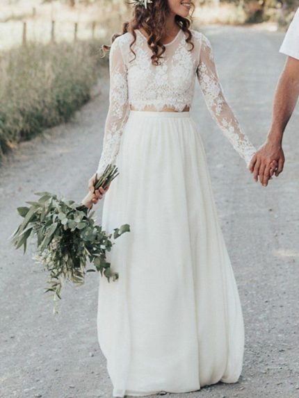 Two Piece A-Line Jewel Neck Lace Chiffon Wedding Dresses with Sleeves Long Sleeves