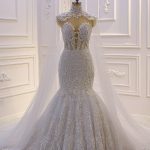High Neck Tulle Mermaid Wedding Dress with Luxurious 3D Lace Appliques