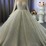 Crystal Beading Ball Gown Wedding Dress with Luxurious Long Sleeves A-Line Classic