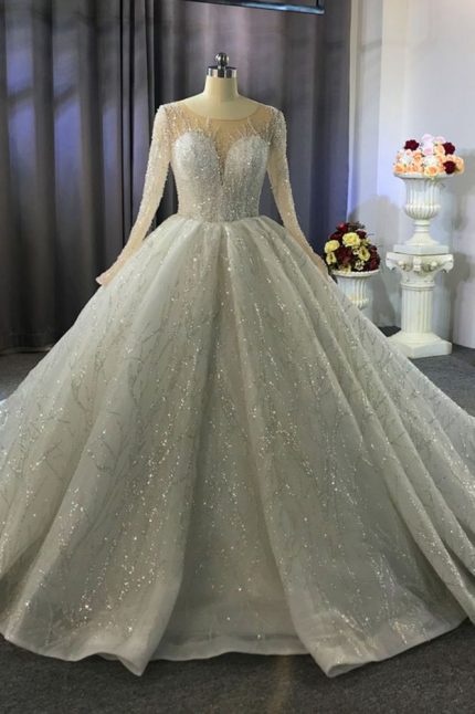 Crystal Beading Ball Gown Wedding Dress with Luxurious Long Sleeves A-Line Classic
