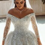 Sequins Bridal Dress with Luxurious Ball Gown and Long Sleeves Satin Maxi Dress