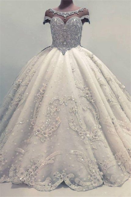 Shiny Crystals Bridal Gowns with Luxurious Ball Gown Wedding Dresses and Flowers
