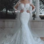 Beaded Lace Mermaid Wedding Dresses with Luxurious Sleeves Sheer Tulle Appliques Bridal Gowns
