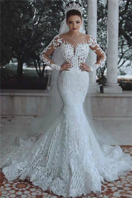 Beaded Lace Mermaid Wedding Dresses with Luxurious Sleeves Sheer Tulle Appliques Bridal Gowns