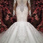 Crystals Mermaid Bridal Gowns with Luxurious Long Sleeves and Chapel Train Wedding Dresses