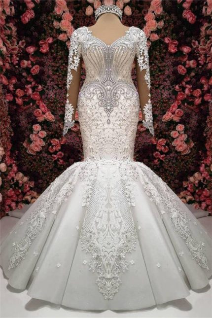 Crystals Mermaid Bridal Gowns with Luxurious Long Sleeves and Chapel Train Wedding Dresses