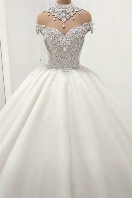 High Neck Crystal Beading Ball Gown Wedding Dresses with Luxurious Style