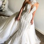Mermaid Sleeveless Wedding Dress with Luxurious High Neck Lace Appliques and Overskirt Bridal Gown
