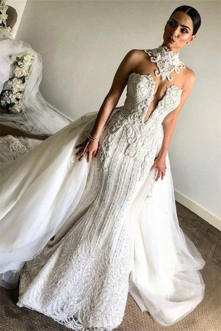 Mermaid Sleeveless Wedding Dress with Luxurious High Neck Lace Appliques and Overskirt Bridal Gown