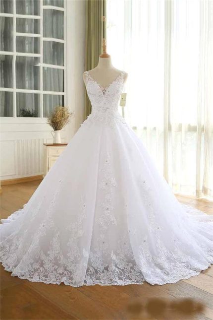 Lace Beaded Wedding Dresses with Luxurious V-Neck Straps and Long Ball Gown Style