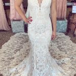 Lace Beading Champagne Wedding Dress with Luxurious Chapel Train and Spaghetti Straps