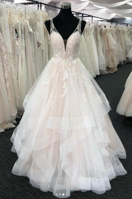 Long A-Line Princess Tulle Lace Backless Wedding Dress with Luxurious Design