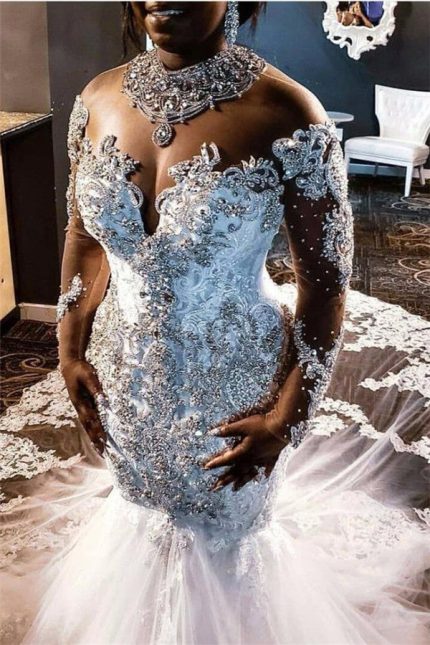 Beading Appliques Rhinestones Mermaid Wedding Dress with Sweep Train and Luxurious Long Sleeves