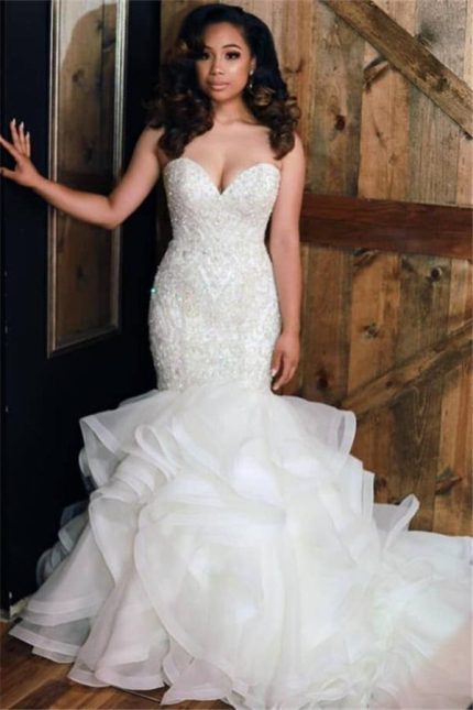 Sweetheart Neck Ruffled Skirt Bridal Gowns with Luxurious Mermaid Beading Wedding Dresses
