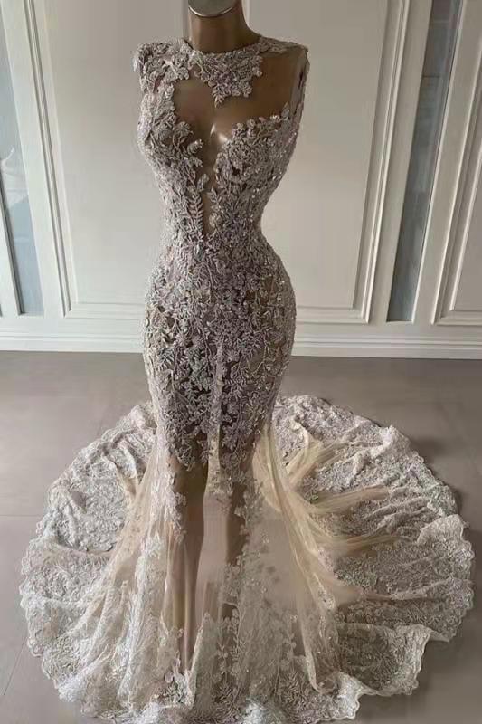 luxurious-mermaid-lace-appliques-wedding-dress-sheer-skirt.jpg Sheer Skirt Mermaid Wedding Dress with Luxurious Lace Appliques - Image 1
