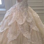 Crystal Tiered Chapel Train Bridal Gowns with Luxurious Beading Off-the-Shoulder Wedding Dress