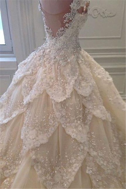Crystal Tiered Chapel Train Bridal Gowns with Luxurious Beading Off-the-Shoulder Wedding Dress
