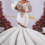 Ruffled Appliqued Beading Wedding Dresses with Luxurious Mermaid Silhouette and Off-the-Shoulder Long Sleeves