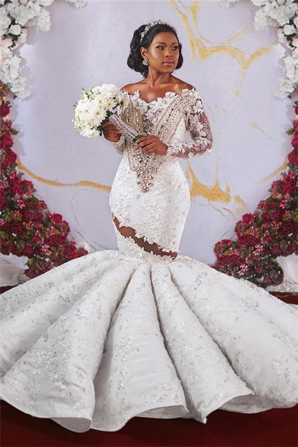 Ruffled Appliqued Beading Wedding Dresses with Luxurious Mermaid Silhouette and Off-the-Shoulder Long Sleeves