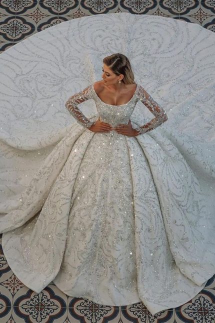 Sparkly Sequins Bridal Gowns with Sweep Train Luxurious Long Sleeves Princess Ball Gown