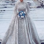 High Neck Sweep Train Bridal Gown with Luxurious Sequins A-Line Long Sleeves
