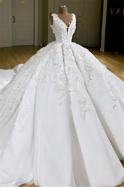Delicate Wedding Dress with Luxurious V-Neck Appliques Princess Ball Gown