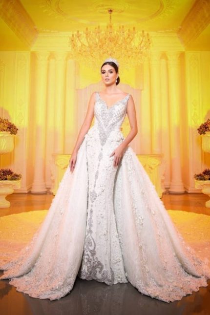 Long Sweep Train Bridal Gown with Luxurious Crystals Mermaid V-Neck