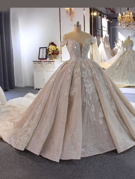 Off-the-Shoulder Wedding Dresses with Train Luxury Beading Ball Gown
