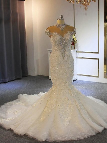 Mermaid Wedding Dresses with Full Beading Luxury Lace-Up Design