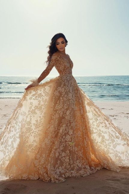 Long A-Line Lace Wedding Dress with Sleeves Luxury Style