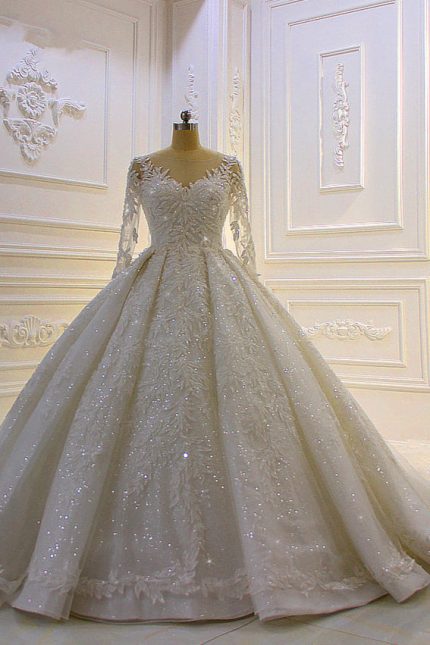 Lace Appliques Wedding Dress with Sleeves Luxury Long Ball Gown