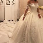 Appliques Wedding Dress with Sleeves Luxury Long Ball Gown Off the Shoulder Chapel Train