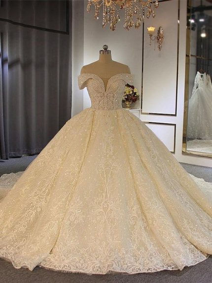 Tulle Wedding Dresses with Beading Luxury Long Ball Gown Off-the-Shoulder Lace