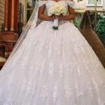 Lace Wedding Dress with Cathedral Train Luxury Long Ball Gown Off-the-Shoulder