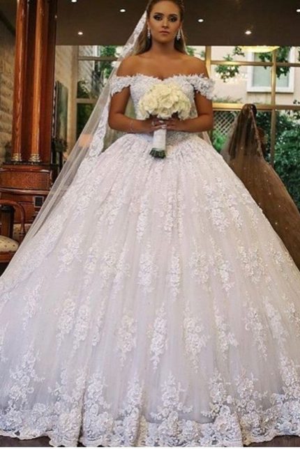 Lace Wedding Dress with Cathedral Train Luxury Long Ball Gown Off-the-Shoulder