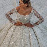 Backless Wedding Dress with Sleeves Luxury Long Ball Gown Sequin Off The Shoulder