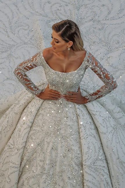 Backless Wedding Dress with Sleeves Luxury Long Ball Gown Sequin Off The Shoulder