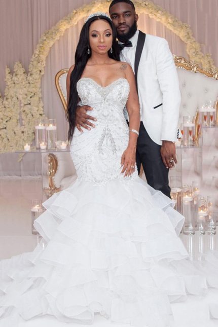 Beaded Crystal Wedding Dress with Train Luxury Long Mermaid Sparkly Floral Bridal Gown