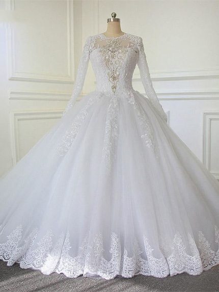 Ball Gown Wedding Dress with Train Luxury Long Sleeves Crystal
