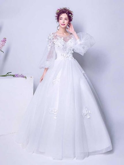 Flowers Ball Gown Tulle Wedding Dresses Luxury Long Sleeves