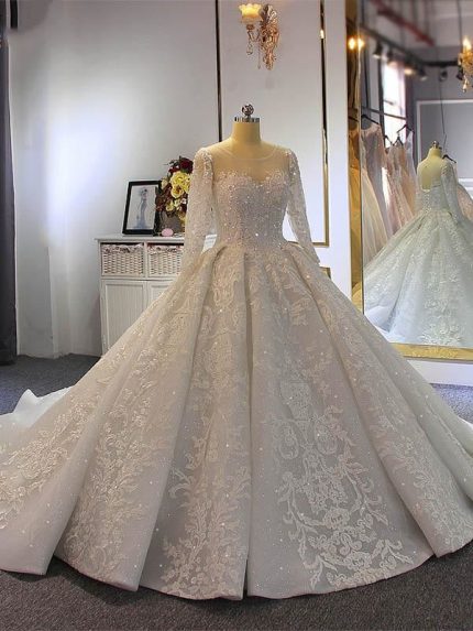 Lace-Up Ball Gown Wedding Dresses Luxury O-Neck Long Sleeves