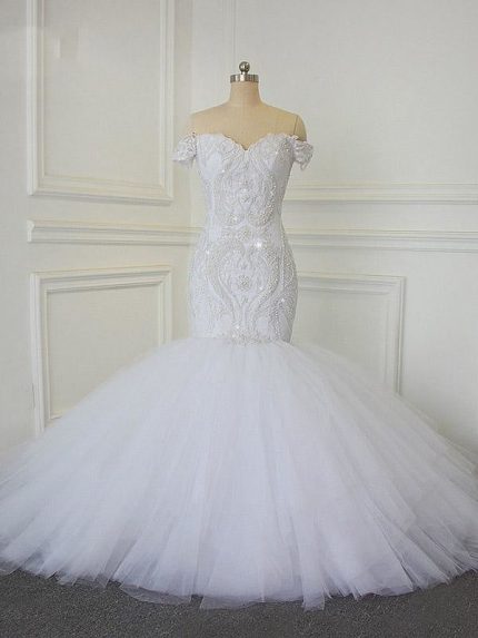 Mermaid Wedding Dresses Luxury Off-the-Shoulder Crystal Tulle