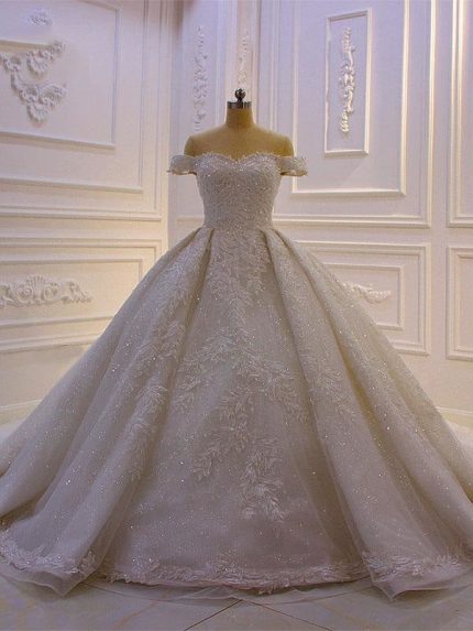 Lace-Up Ball Gown Wedding Dresses with Train Luxury Off-the-Shoulder