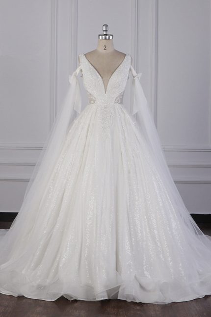 Beadings Wedding Dress Tulle Sleeveless Sequined Bridal Gowns Luxury V-Neck