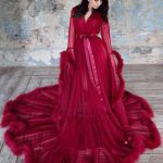 Burgundy V-Neck Long Sleeves Tulle Maternity Wedding Dress with Train