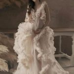 Ecru White V-Neck Sleeveless Tulle Maternity Wedding Dress with Train